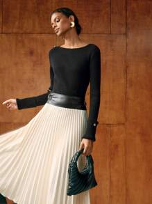 MOTF PREMIUM 纯羊毛金色纽扣细节肩部罗纹针织修身毛衣