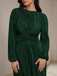 Veilorie Women Elegant Solid Color Pleated Long Dress, Autumn Modest