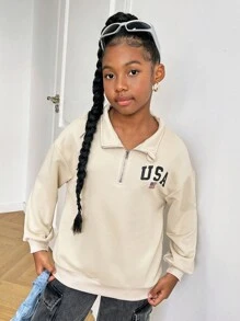 SHEIN Tween Girl 宽松休闲立领字母印花简约舒适长袖运动衫 - 杏色 - 查看 6