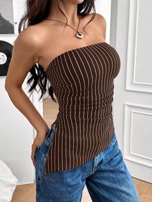 SHEIN EZwear ملابس علوية قصيرة نسائية متشابكة متناسقة ذات نمط شريطي لحافة غير متماثلة - بني - مشاهدة 5