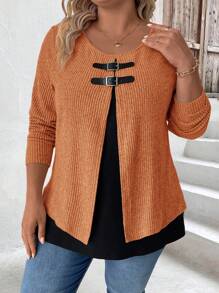 EMERY ROSE Women Plus Size Casual Contrast Color Button Detail Pullover Top, Autumn