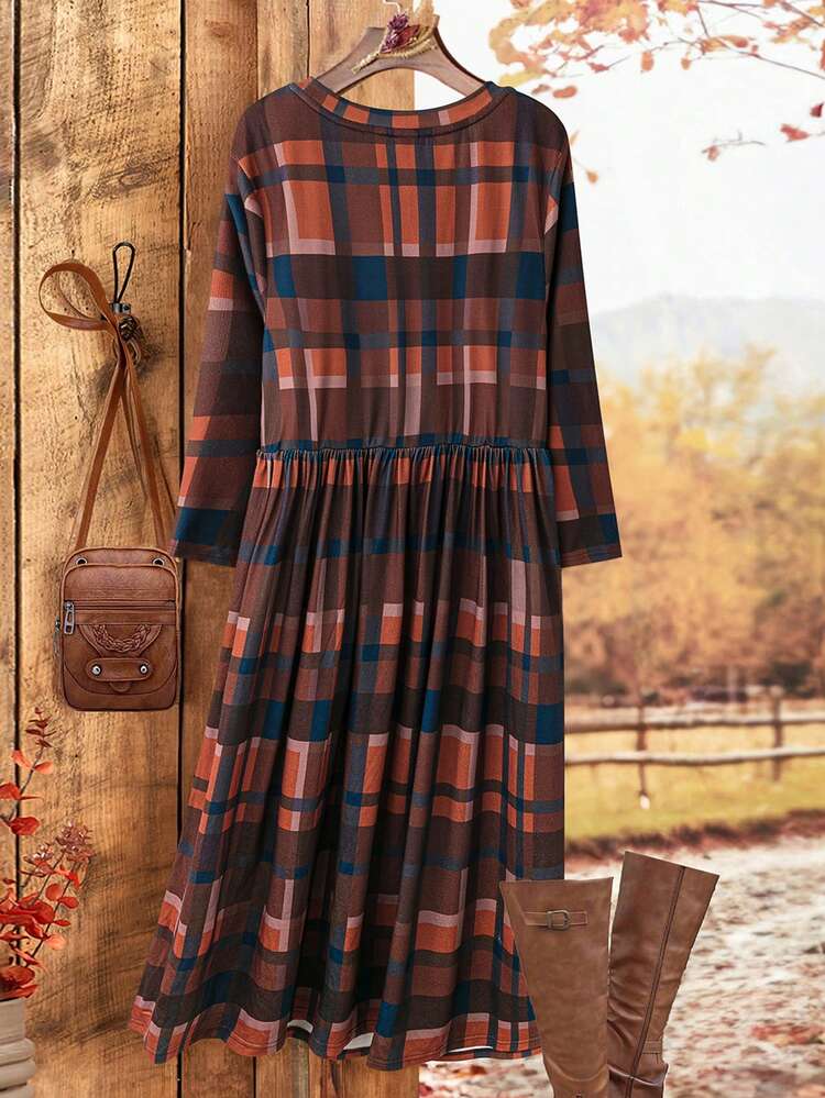 Plus Size Winter Clothes For Women Christmas Dress Women Winter Dresses Thanksgiving Outfit Women Women's Plaid Round Neck Long Sleeve Pockets Casual Long Dress