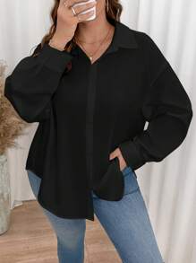 SHEIN Essnce Camisa blanca de mujer talla grande, camisa de manga larga, camisa informal y holgada con parches de rayas, ropa de maestra para otoño, ropa de vuelta al colegio para otoño, blusas de mujer para otoño, camisas escolares de manga larga blancas - Negro - Ver 5