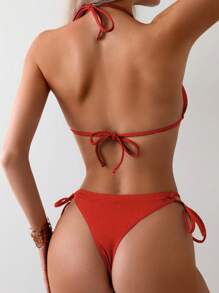 SHEIN Swim Summer Beach Vacation Solid Color Halter Neck Bikini Set - Red - View 2