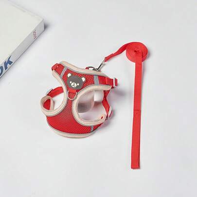 2 件可爱卡通熊补丁反光条纹宠物背带牵引绳套装柔软尼龙可调节背心带耐用金属扣适合中小型犬猫户外散步圣诞节节日礼物