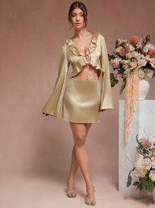 L'Amorae 长袖荷叶边前系带上衣和迷你裙套装 - 卡其色 - 查看 4