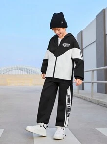 SHEIN Bộ đồ thể thao dệt kim đơn sắc, thoải mái, thường ngày dành cho bé trai tuổi teen, thích hợp cho chạy bộ, đạp xe. - Đen và trắng - Xem 7