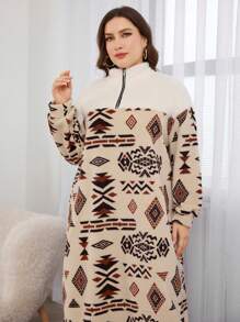 Lacomfia 大码休闲毛绒印花拼布拉链长袖宽松运动衫，常规款，适合秋冬季 - 米色 - 查看 7