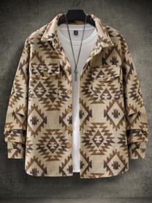 Manfinity Homme Plus Size Men's Casual Geometric Pattern Button-Front Shacket, Autumn - Multicolor - View 3