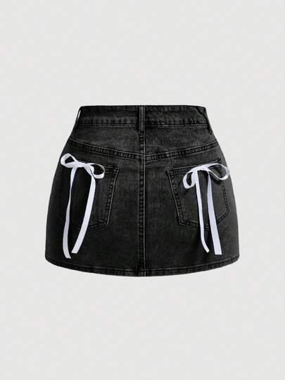 SHEIN MOD Women's Casual Short Denim Skirt With Bow Decor
