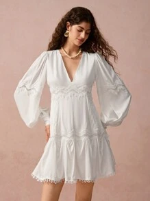 Enchnt New Winter Products,Women Grace Casual Solid Color V-Neck Lantern Sleeve Lace Splice Mini Dress, Long Sleeve Dress, Winter Women's Clothing,New Years Dress