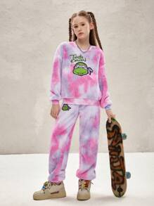 TEENAGE MUTANT NINJA TURTLES | SHEIN Tween Girl Cartoon Turtle Graphic Tie-Dye Oversized Teddy Sweatshirt & Pants Set