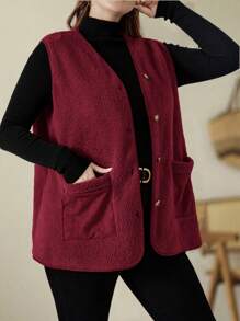 EMERY ROSE Abrigo de invierno con bolsillos tipo chaleco de talla grande con doble bolsillo