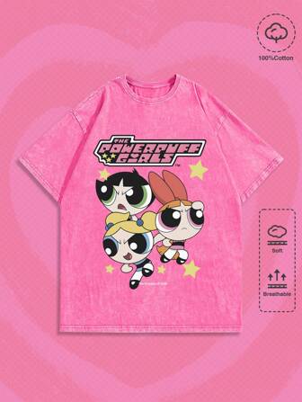 The Powerpuff Girls | ROMWE Camiseta de cuello redondo con estampado de dibujos animados para hombres, escuela