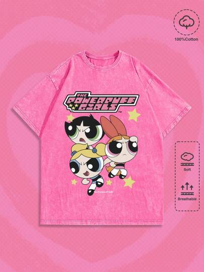The Powerpuff Girls | ROMWE Camiseta de cuello redondo con estampado de dibujos animados para hombres, escuela