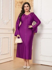 Modelyn Robe de soirée longue élégante à col rond brodée de perles en brocart grande taille