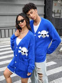 Manfinity VCAY 男女通用罗纹 V 领开衫，适合秋冬季和圣诞节 - 藍色 - 查看 4