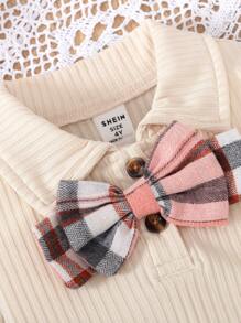 2 件套年轻女孩学院风服装，包括针织罗纹长袖上衣（有领子和蝴蝶结）和格子裙，秋冬 - 粉色 - 查看 4