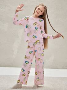 TEENAGE MUTANT NINJA TURTLES | SHEIN Tween Girl Cartoon Print Flame Retardant Knitted Crew Neck Long Sleeve Pajamas Set