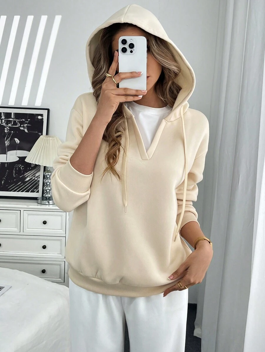 SHEIN LUNE Sweatshirt Hoodie Longgar Kasual Wanita dengan Tali Serut, Desain 2 in 1, Hoodie untuk Awal Musim Dingin dan Musim Gugur - Aprikot - View 1