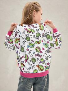 TEENAGE MUTANT NINJA TURTLES | SHEIN Tween Girl 1 件彩色卡通海龟和字母全身印花撞色罗纹拉链连帽运动衫，秋冬 - 白色 - 查看 4