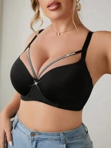 1pc Women Plus Size Minimalist Solid Color Gather Spliced Strap Underwire Bra