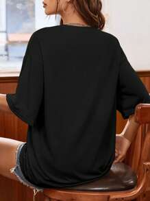 INAWLY 女士夏日花卉印花短袖t恤 - 黑色 - 查看 2