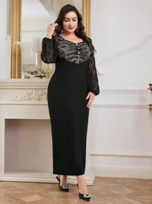 Modelyn Plus Size Solid Color Lace Patchwork Sweetheart Neck Elegant Long Sleeve Dress Long Evening Dresses - Black - View 6