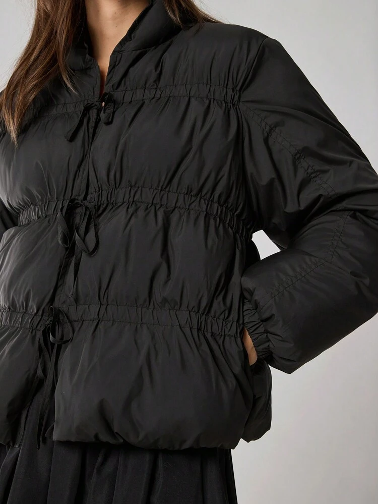 Women's Solid Color High Collar, Tie Bow Gathered Long Sleeve Casual Thickened Jacket,Fall Women Clothes,Winter Women Clothes