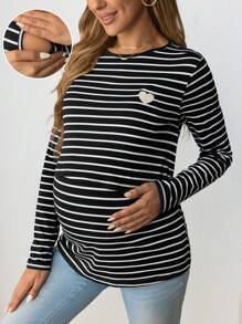 SHEIN Maternity Casual Heart Embroidery Nursing Tops Fitted Round Neck Long Sleeve Pregnant Women T-Shirt