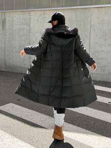 SHEIN EZwear 大码女式冬季纯色长袖拉链连帽休闲棉服外套 - 黑色 - 查看 2