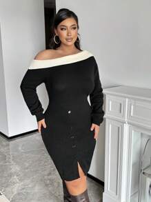 SHEIN Frenchy 优雅简约拼色斜肩针织毛衣裙，适合办公室、休闲约会和聚会，秋冬季 - 黑色 - 查看 7