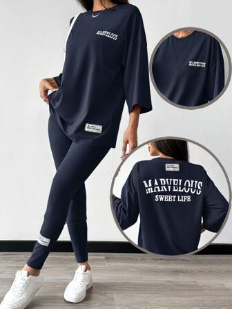 Mulvari Set de 2 piezas de camiseta de cuello redondo con estampado de letras y hombros caídos, y pantalones, conjunto informal de 2 piezas para mujer