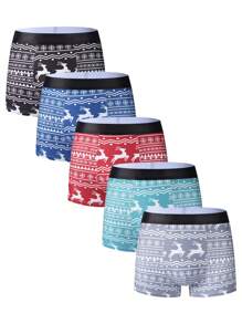 5pcs/Pack Men's Christmas Reindeer & Geometric Print Boxer Briefs - Multicolor - View 1