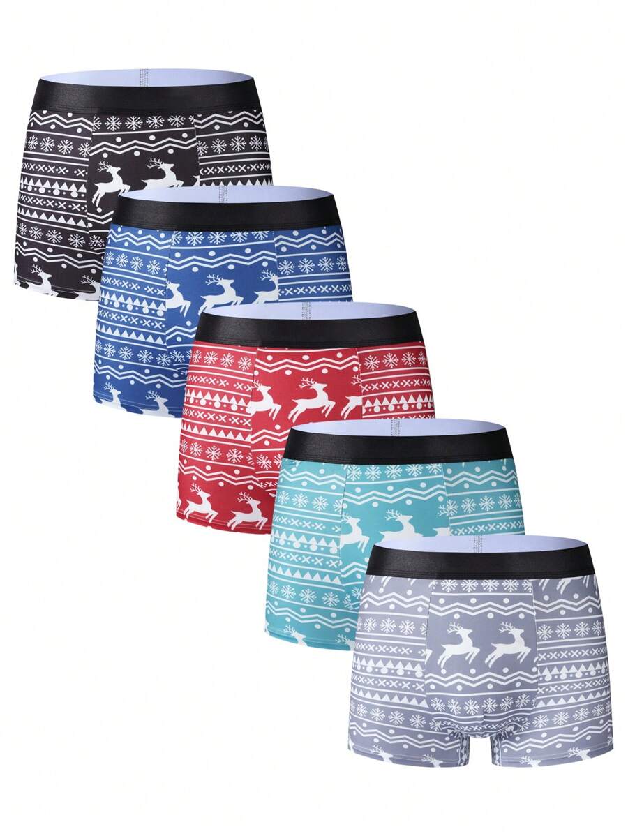 5pcs/Pack Men's Christmas Reindeer & Geometric Print Boxer Briefs - Multicolor - View 1