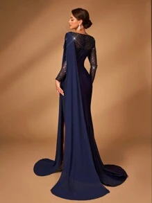 Serin Navy Blue Spring Elegant Evening Formal Dress,Luxury Beaded Sheer Mesh Long Sleeve Slit Fish Tail Gowns With Train For Bride/Mother Of Bride Wedding - Navy Blue - View 3