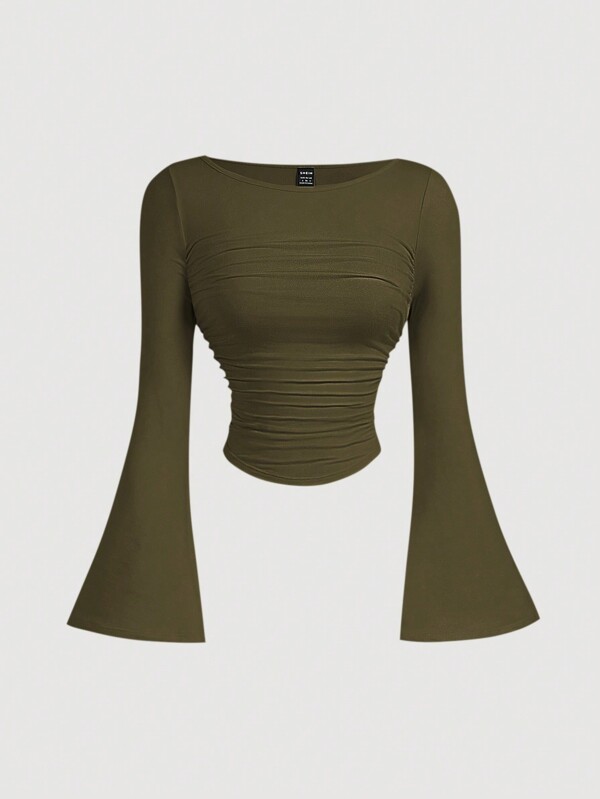 SHEIN MOD Bateau Neck Flared Sleeve Waist Ruched Versatile T-Shirt