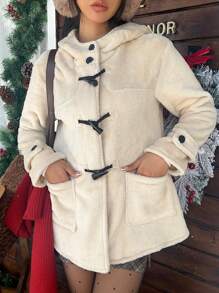 SHEIN EZwear Women's Casual Solid Color Horn Button Hooded Regular Jacket, Autumn/Winter