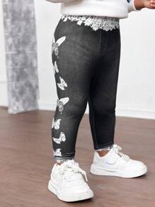Baby Girl Knitted Denim Effect Butterfly Pattern Leggings, Suitable For Outings, Gatherings And Parties - Black - View 3