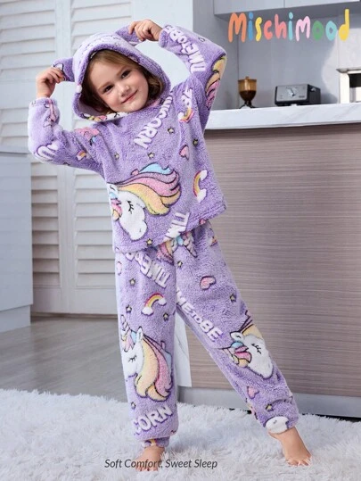 SHEIN Set de 2 piezas de pijama informal a juego con estampado de unicornio para niña, que incluye sudadera con capucha y pantalones de felpa (se venden 2 sets por separado)
