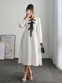 SHEIN Frenchy Robe élégante femme à manches lanternes avec liens de couleur contrastée, pour la saison d'automne