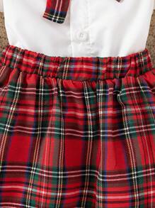 SHEIN Baby Girl Christmas Open Shoulder Ruffle Collar Bow Long Sleeve Top & Plaid Pleated Skirt 2pcs Suit Set, Warm And Comfortable Clothes, Cute Outfit For Autumn/Winter - Multicolor - View 5