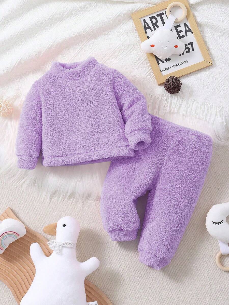 2 件套女婴毛绒保暖套头衫和裤子套装，适合日常穿着，秋冬季 - 紫色 - 查看 1