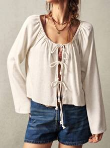 Bohemela Casual Solid Color Woven Flare Sleeve Round Neck Loose Blouse For Women