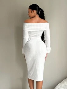 SHEIN SXY Vestido blanco ajustado con pliegue en el hombro, empalmado, de punto esponjoso y elegante para mujer, otoño/invierno