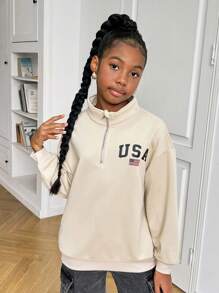 SHEIN Tween Girl 宽松休闲立领字母印花简约舒适长袖运动衫 - 杏色 - 查看 5