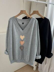 SHEIN LUNE 2 pièces Sweat-shirt décontracté pour femmes avec doublure thermique et col en V en forme de cœur, convient pour l'automne/l'hiver