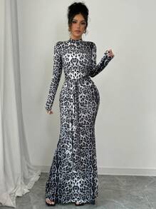 Rafferiza 2024 Autumn/Winter New Arrival Elegant Stand Collar Tied Leopard Print Mermaid Dress Maxi Women Outfit