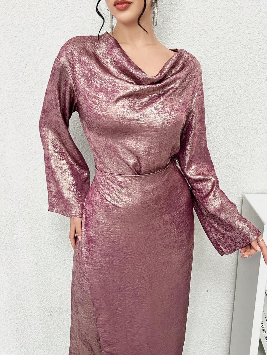 Al Najma 女式长袖修身优雅垂坠领阿拉伯风格端庄连衣裙全长全覆盖超长端庄连衣裙适合日常休闲/工作/度假/晚会/婚礼宾客 - 中紫紅色 - 查看 1