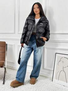SHEIN EZwear Áo khoác lông vũ dày ấm áp màu đen mùa đông mới cho nữ - màu đen - Xem 4